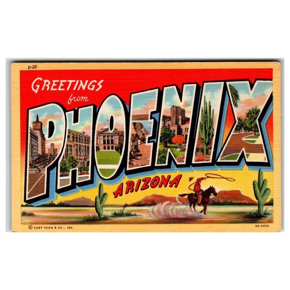 Greetings from Phoenix Arizona Multi-View Linen Postcard Curt Teich 1939